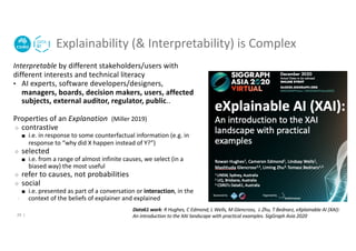 Explainability (& Interpretability) is Complex
•
Data61 work: R Hughes, C Edmond, L Wells, M Glencross, L Zhu, T Bednarz, eXplainable AI (XAI):
An introduction to the XAI landscape with practical examples. SigGraph Asia 2020
Interpretable by different stakeholders/users with
different interests and technical literacy
• AI experts, software developers/designers,
managers, boards, decision makers, users, affected
subjects, external auditor, regulator, public..
Properties of an Explanation (Miller 2019)
○ contrastive
■ i.e. in response to some counterfactual information (e.g. in
response to “why did X happen instead of Y?”)
○ selected
■ i.e. from a range of almost infinite causes, we select (in a
biased way) the most useful
○ refer to causes, not probabilities
○ social
■ i.e. presented as part of a conversation or interaction, in the
context of the beliefs of explainer and explained
20 |
 