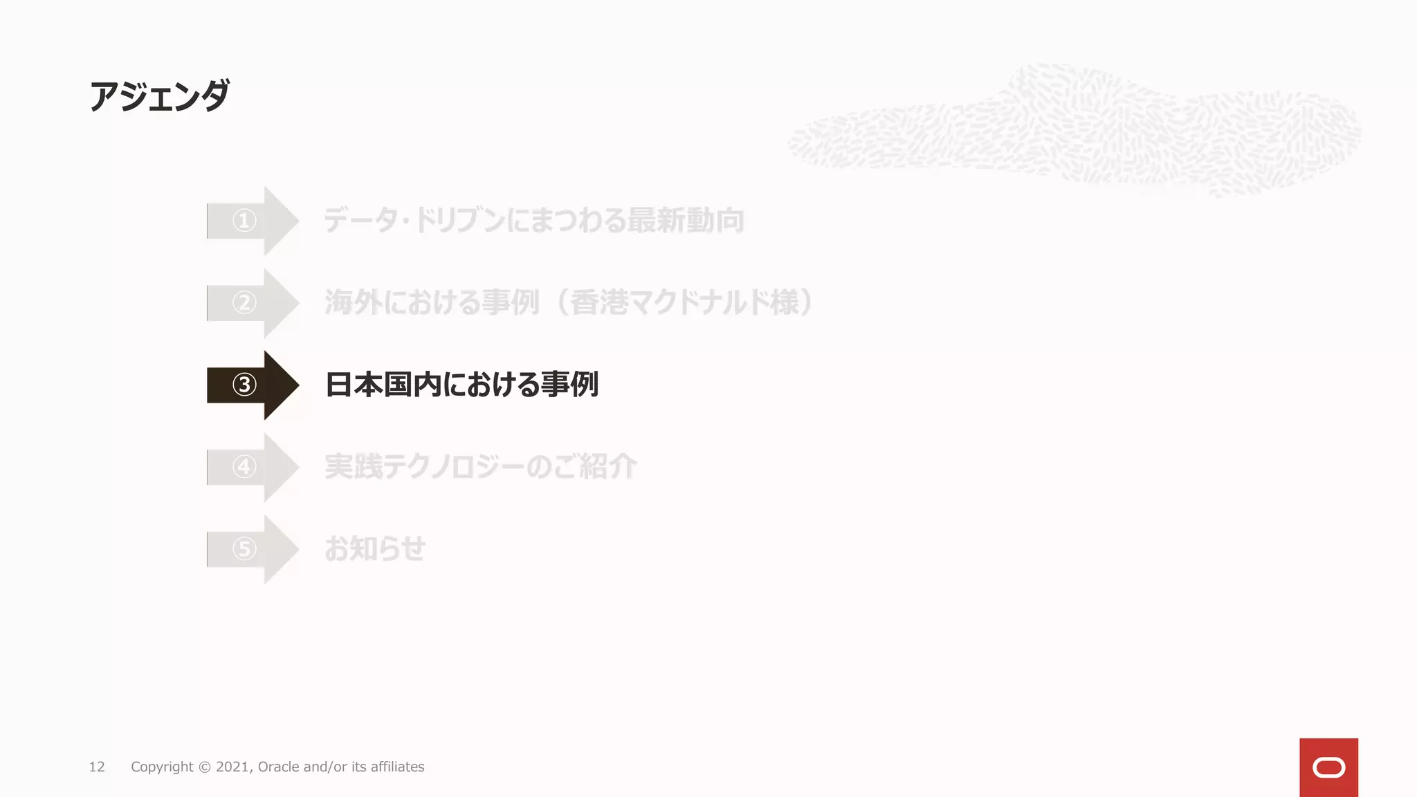 アジェンダ
12 Copyright © 2021, Oracle and/or its affiliates
データ・ドリブンにまつわる最新動向
①
海外における事例（香港マクドナルド様）
②
日本国内における事例
③
実践テクノロジーのご紹介
④
お知らせ
⑤
 