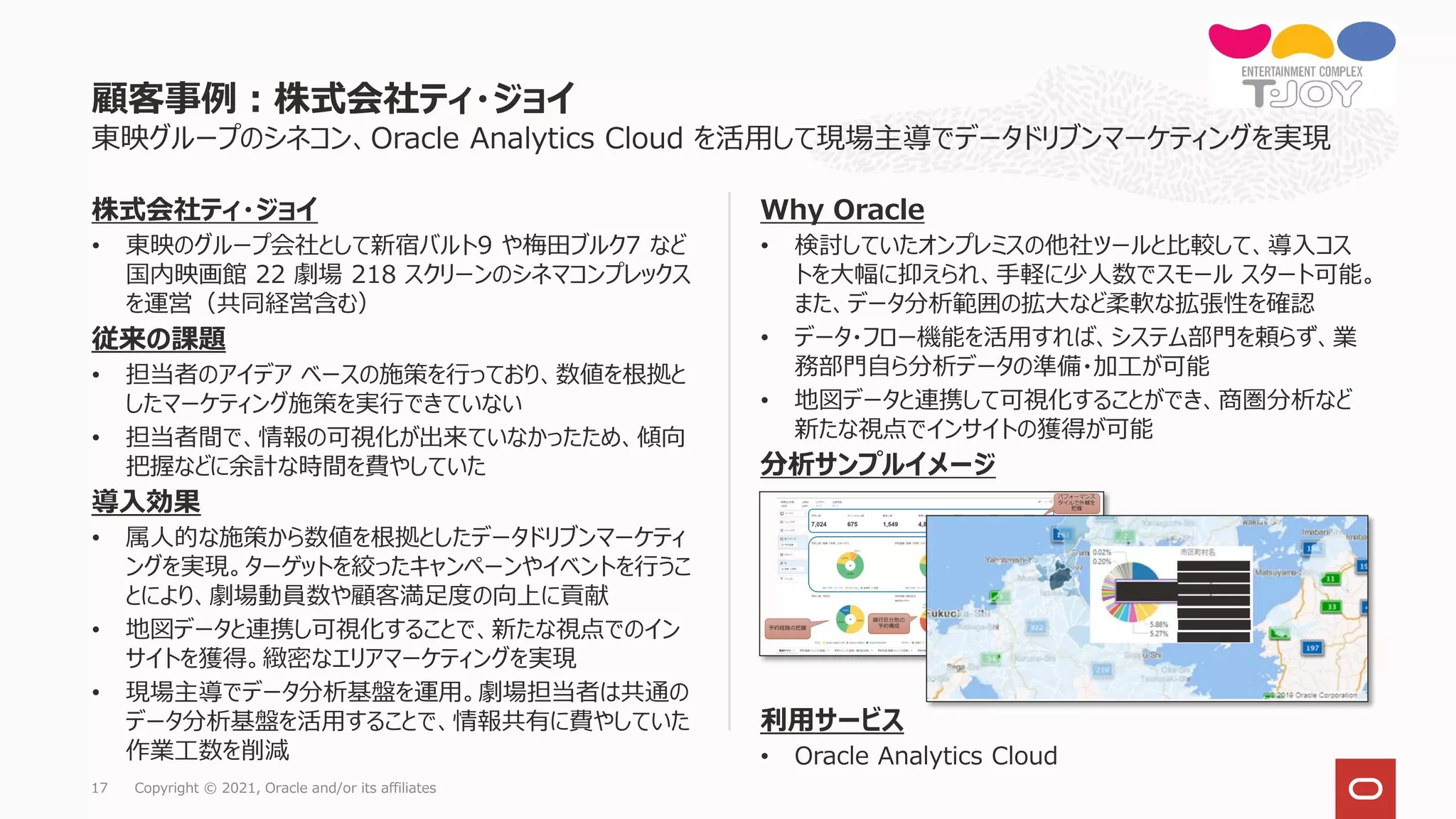 17 Copyright © 2021, Oracle and/or its affiliates
東映グループのシネコン、Oracle Analytics Cloud を活用して現場主導でデータドリブンマーケティングを実現
株式会社ティ・ジョイ
• 東映のグループ会社として新宿バルト9 や梅田ブルク7 など
国内映画館 22 劇場 218 スクリーンのシネマコンプレックス
を運営（共同経営含む）
従来の課題
• 担当者のアイデア ベースの施策を行っており、数値を根拠と
したマーケティング施策を実行できていない
• 担当者間で、情報の可視化が出来ていなかったため、傾向
把握などに余計な時間を費やしていた
導入効果
• 属人的な施策から数値を根拠としたデータドリブンマーケティ
ングを実現。ターゲットを絞ったキャンペーンやイベントを行うこ
とにより、劇場動員数や顧客満足度の向上に貢献
• 地図データと連携し可視化することで、新たな視点でのイン
サイトを獲得。緻密なエリアマーケティングを実現
• 現場主導でデータ分析基盤を運用。劇場担当者は共通の
データ分析基盤を活用することで、情報共有に費やしていた
作業工数を削減
Why Oracle
• 検討していたオンプレミスの他社ツールと比較して、導入コス
トを大幅に抑えられ、手軽に少人数でスモール スタート可能。
また、データ分析範囲の拡大など柔軟な拡張性を確認
• データ・フロー機能を活用すれば、システム部門を頼らず、業
務部門自ら分析データの準備・加工が可能
• 地図データと連携して可視化することができ、商圏分析など
新たな視点でインサイトの獲得が可能
分析サンプルイメージ
利用サービス
• Oracle Analytics Cloud
顧客事例：株式会社ティ・ジョイ
 