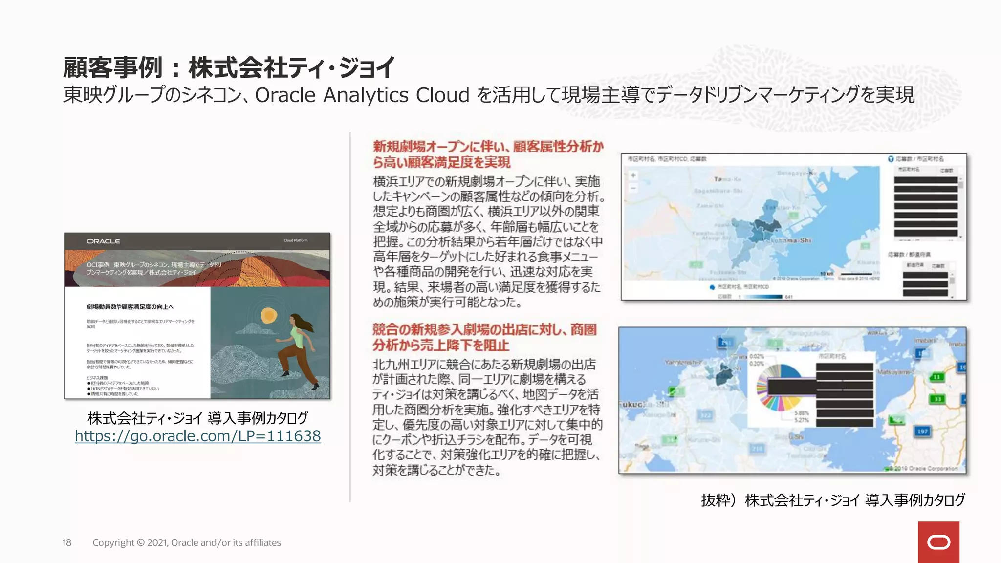 東映グループのシネコン、Oracle Analytics Cloud を活用して現場主導でデータドリブンマーケティングを実現
顧客事例：株式会社ティ・ジョイ
Copyright © 2021, Oracle and/or its affiliates
18
株式会社ティ・ジョイ 導入事例カタログ
https://go.oracle.com/LP=111638
抜粋）株式会社ティ・ジョイ 導入事例カタログ
 