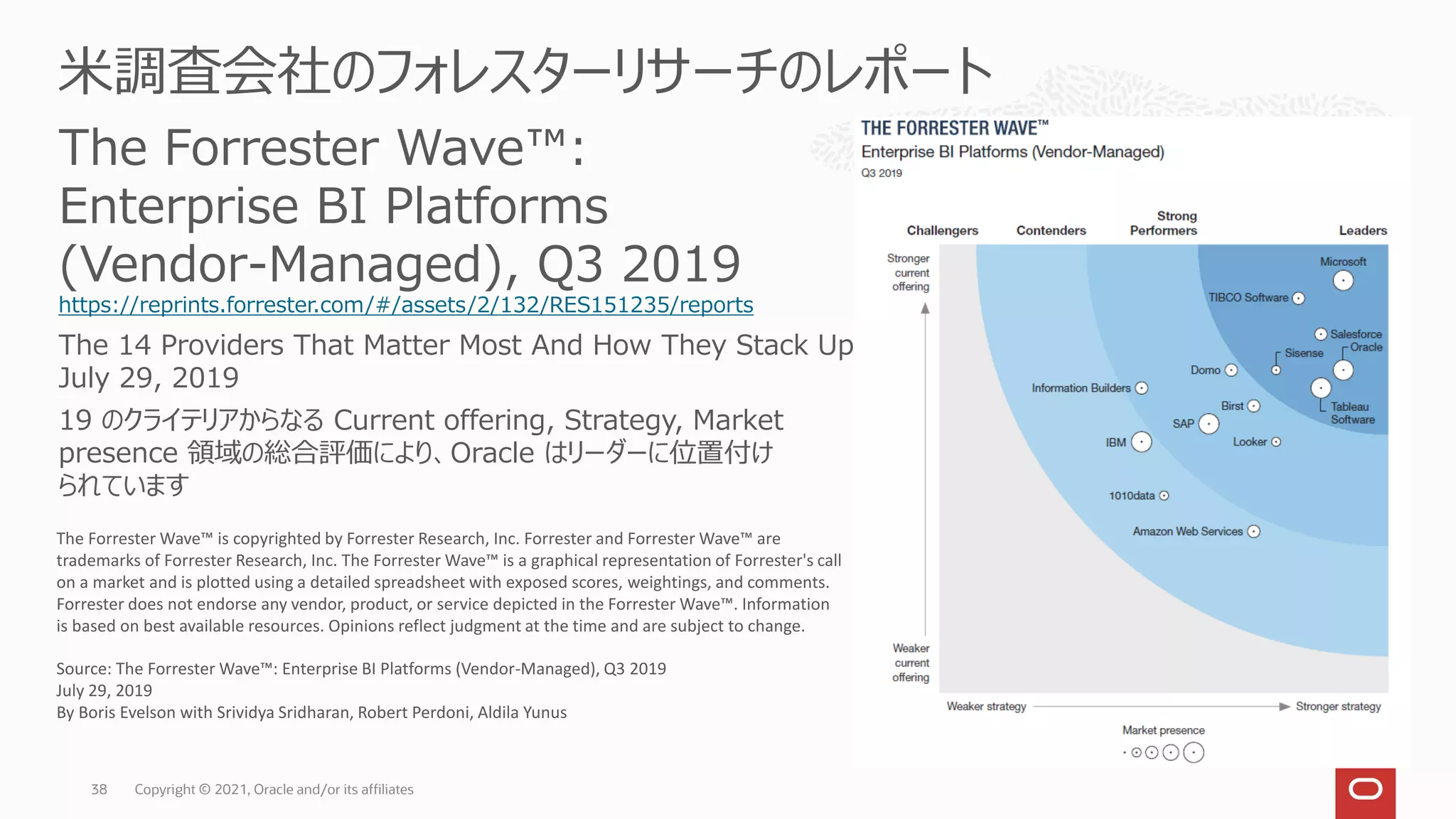 Copyright © 2021, Oracle and/or its affiliates
38
The Forrester Wave™:
Enterprise BI Platforms
(Vendor-Managed), Q3 2019
https://reprints.forrester.com/#/assets/2/132/RES151235/reports
米調査会社のフォレスターリサーチのレポート
The 14 Providers That Matter Most And How They Stack Up
July 29, 2019
19 のクライテリアからなる Current offering, Strategy, Market
presence 領域の総合評価により、Oracle はリーダーに位置付け
られています
Source: The Forrester Wave™: Enterprise BI Platforms (Vendor-Managed), Q3 2019
July 29, 2019
By Boris Evelson with Srividya Sridharan, Robert Perdoni, Aldila Yunus
The Forrester Wave™ is copyrighted by Forrester Research, Inc. Forrester and Forrester Wave™ are
trademarks of Forrester Research, Inc. The Forrester Wave™ is a graphical representation of Forrester's call
on a market and is plotted using a detailed spreadsheet with exposed scores, weightings, and comments.
Forrester does not endorse any vendor, product, or service depicted in the Forrester Wave™. Information
is based on best available resources. Opinions reflect judgment at the time and are subject to change.
 