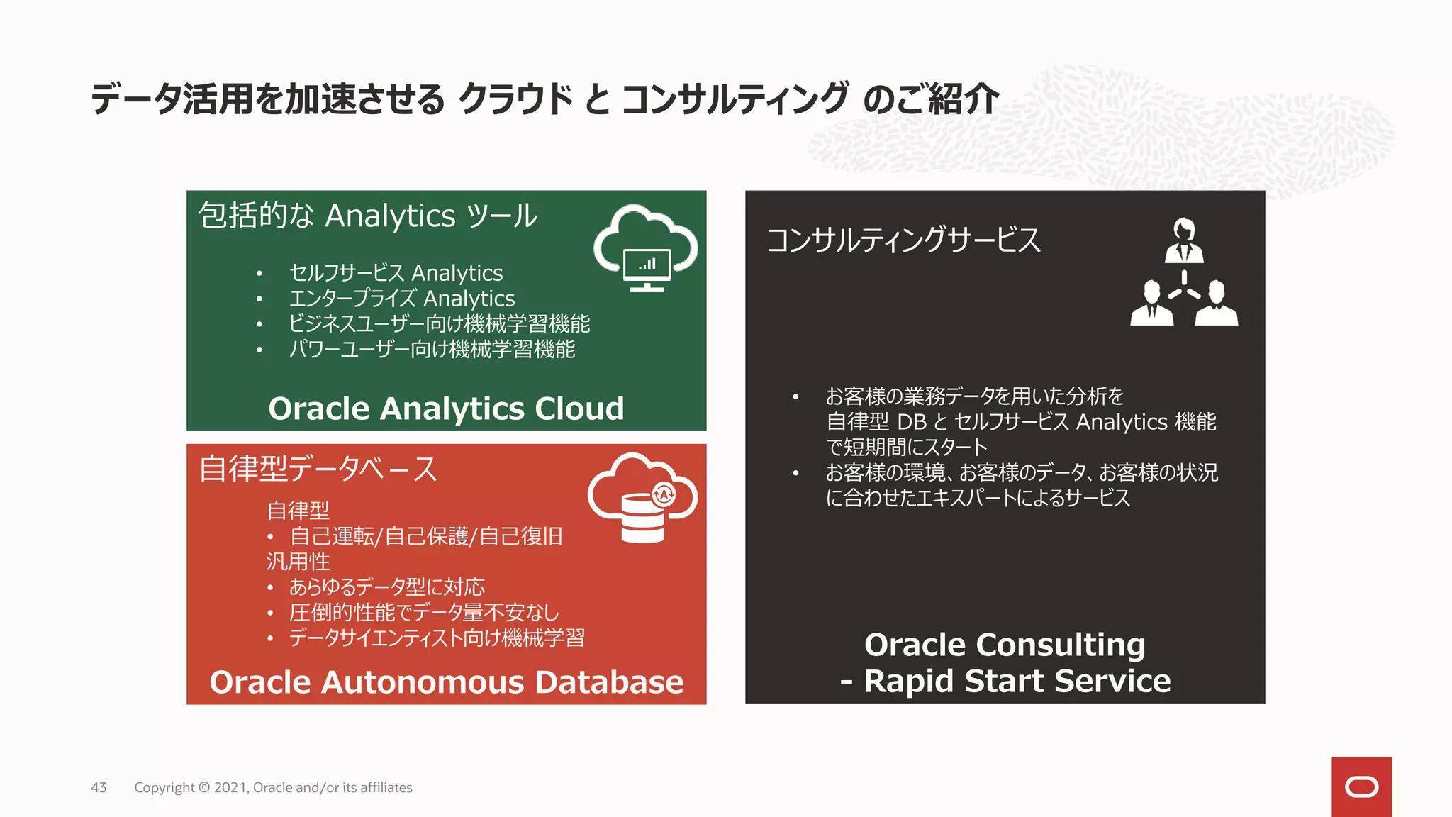 Oracle Autonomous Database
データ活用を加速させる クラウド と コンサルティング のご紹介
Copyright © 2021, Oracle and/or its affiliates
43
Oracle Analytics Cloud
Oracle Consulting
- Rapid Start Service
包括的な Analytics ツール
自律型データべ－ス
コンサルティングサービス
• セルフサービス Analytics
• エンタープライズ Analytics
• ビジネスユーザー向け機械学習機能
• パワーユーザー向け機械学習機能
自律型
• 自己運転/自己保護/自己復旧
汎用性
• あらゆるデータ型に対応
• 圧倒的性能でデータ量不安なし
• データサイエンティスト向け機械学習
• お客様の業務データを用いた分析を
自律型 DB と セルフサービス Analytics 機能
で短期間にスタート
• お客様の環境、お客様のデータ、お客様の状況
に合わせたエキスパートによるサービス
 