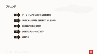 アジェンダ
2 Copyright © 2021, Oracle and/or its affiliates
データ・ドリブンにまつわる最新動向
①
海外における事例（香港マクドナルド様）
②
日本国内における事例
③
実践テクノロジーのご紹介
④
お知らせ
⑤
 