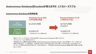 Autonomous Databaseの費用体系
Autonomous DatabaseはExadataが使えますが、とてもリーズナブル
他社データベース・クラウドから、BYOLを利用してAutonomous Databaseへ移行いただいた
ファンコミュニケーションズ様からのコメント
『高性能とAIによる運用の自動化を実現したOracle Autonomous Database Cloudは、まさに究極のデータベースと言っても
過言ではありません。今、振り返ると、その存在になぜもっと早く気付けなかったのかと悔しくてなりませんね。これまで抱えていた
データベースに関するさまざまな心配ごとが一切なくなりましたし、今回の導入がOracle Databaseの最後の移行作業となると確
信しています』
https://www.oracle.com/jp/corporate/pressrelease/jp20191023.html
CPU
(1 CPU単位)
Exadata
ストレージ
(1 TB単位)
161.292円/時間
14,208円/月
Database Cloud (EP)
とCPUは同じ料金
38.712円/時間
Standard Edition ライセ
ンスをBYOLすると
14,208円/月
(76%OFF)
* 60日間分のバックアップ費用を含む * 60日間分のバックアップ費用を含む
Copyright © 2021, Oracle and/or its affiliates
33
 