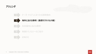 アジェンダ
9 Copyright © 2021, Oracle and/or its affiliates
データ・ドリブンにまつわる最新動向
①
海外における事例（香港マクドナルド様）
②
日本国内における事例
③
実践テクノロジーのご紹介
④
お知らせ
⑤
 