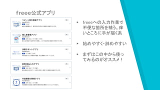 freee公式アプリ
▸ freeeへの入力作業で
不便な箇所を補う。痒
いところに手が届く系
▸ 始めやすく・辞めやすい
▸ まずはこの中から使っ
てみるのがオススメ！
 