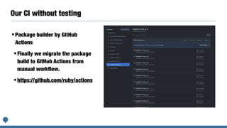 Our CI without testing
•Package builder by GitHub
Actions


•Finally we migrate the package
build to GitHub Actions from
manual work
fl
ow.


•https://github.com/ruby/actions
 