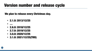 Version number and release cycle
We plan to release every Christmas day.


• 2.1.0: 2013/12/25


• …


• 2.6.0: 2018/12/25


• 2.7.0: 2019/12/25


• 3.0.0: 2020/12/25


• 3.1.0: 2021/12/25(TBD)


 