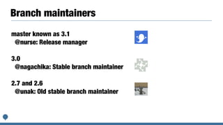 Branch maintainers
master known as 3.1


@nurse: Release manager


3.0


@nagachika: Stable branch maintainer


2.7 and 2.6


@unak: Old stable branch maintainer
 