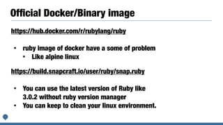 Start to test Ruby language
$ git clone https://github.com/ruby/ruby


$ cd ruby


$ autoreconf


$ ./con
fi
gure —disable...