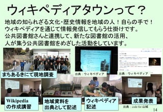 14
地域の知られざる文化・歴史情報を地域の人！自らの手で！
ウィキペディアを通じて情報発信してもらう仕掛けです。
公共図書館さんと連携して、新たな図書館の活用、
人が集う公共図書館をめざした活動をしています。
ウィキペディアタウンって？
成果発表
ウィキペディア
記述
Wikipedia
の作成講習
地域資料を
出典として記述
まちあるきにて現地調査
出典：code for 山城
出典：ウィキペディア 出典：ウィキペディア
 