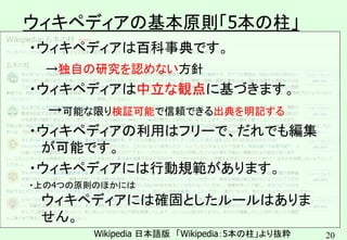 20
ウィキペディアの基本原則「5本の柱」
・ウィキペディアは百科事典です。
→独自の研究を認めない方針
・ウィキペディアは中立な観点に基づきます。
→可能な限り検証可能で信頼できる出典を明記する
・ウィキペディアの利用はフリーで、だれでも編集
が可能です。
・ウィキペディアには行動規範があります。
・上の4つの原則のほかには
ウィキペディアには確固としたルールはありま
せん。
Wikipedia 日本語版 「Wikipedia：5本の柱」より抜粋
 
