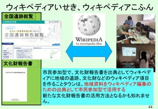 44
ウィキペディアいせき、ウィキペディアこふん
文化財報告書
全国遺跡総覧
市民参加型で、文化財報告書を出典としてウィキペデ
ィアに地域の遺跡、文化財などのウィキペディア項目
を作ることタウンは、地域資料をウィキペディア編集の
ための出典として市民参加型で活用する
新たな文化財報告書の活用方法となるかも知れませ
ん。
 