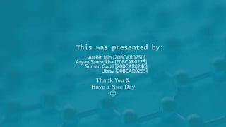 This was presented by:
Archit Jain [20BCAR0250]
Aryan Samsukha [20BCAR0225]
Suman Garai [20BCAR0246]
Utsav [20BCAR0265]
Thank You &
Have a Nice Day
🙂
 