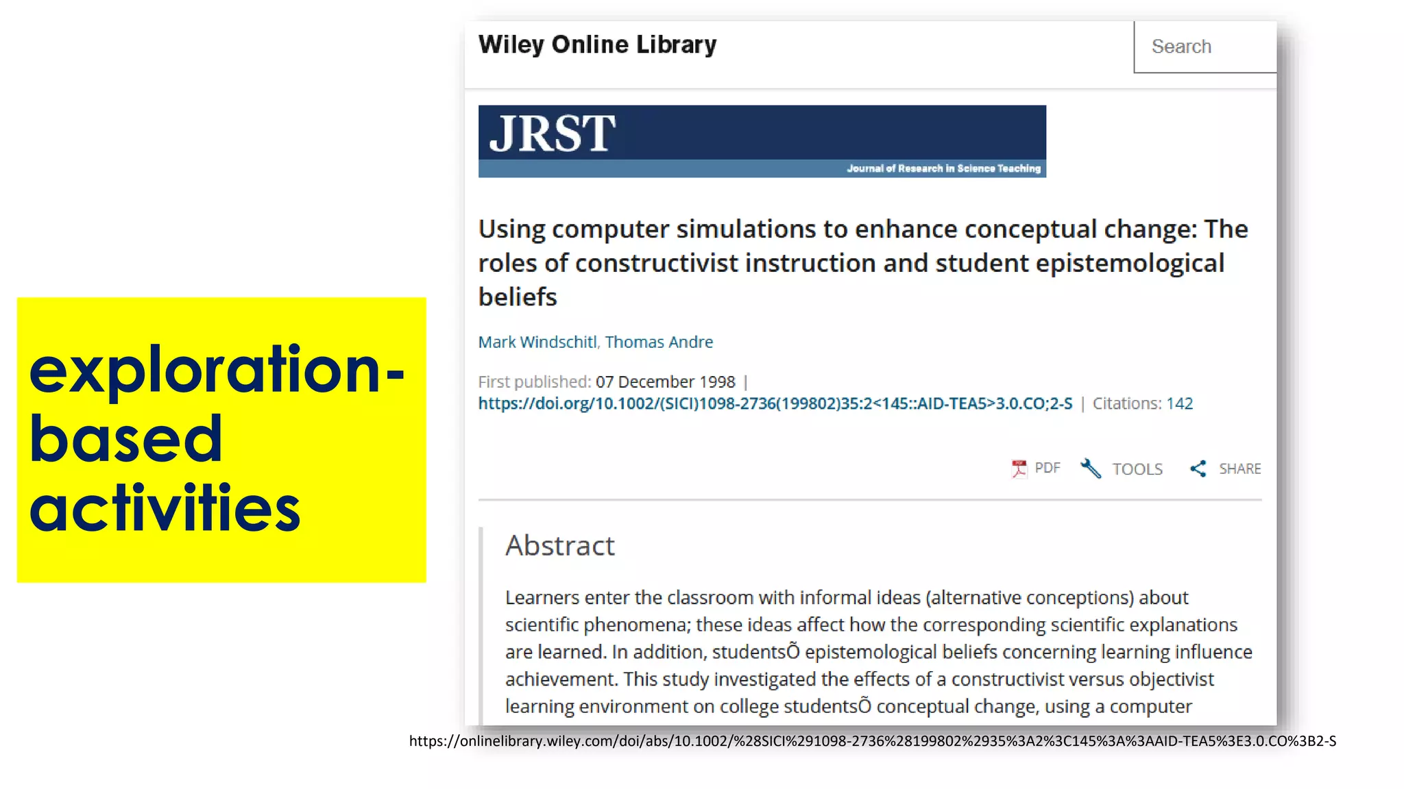 exploration-
based
activities
https://onlinelibrary.wiley.com/doi/abs/10.1002/%28SICI%291098-2736%28199802%2935%3A2%3C145%3A%3AAID-TEA5%3E3.0.CO%3B2-S
 