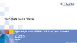 © 2021 NTT DATA Corporation
Hyperledger Fabric活用事例：貿易プラットフォームTradeWaltz
2021年9月8日
株式会社NTTデータ
清水俊平
Hyperledger Tokyo Meetup
 