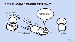 たとえば、このような経験はありませんか
13
ユーザー
プロダクトチーム
オレはやるぜ
オレはやるぜ つくりましたぁ︕
ズサー
 