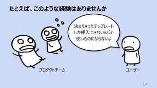 たとえば、このような経験はありませんか
14
プロダクトチーム
決まりきったテンプレート
しか挿⼊できないんじゃ
使いものにならないよ
ユーザー
 