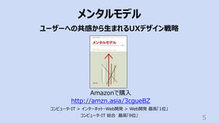 5
メンタルモデル
ユーザーへの共感から⽣まれるUXデザイン戦略
Amazonで購⼊
http://amzn.asia/3cgueBZ
コンピュータ・IT > インターネット・Web開発 > Web開発 最⾼「1位」
コンピュータ・IT 総合 最⾼「9位」
 