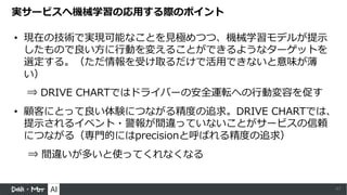 実サービスへ機械学習の応⽤する際のポイント
• 現在の技術で実現可能なことを⾒極めつつ、機械学習モデルが提⽰
したもので良い⽅に⾏動を変えることができるようなターゲットを
選定する。（ただ情報を受け取るだけで活⽤できないと意味が薄
い）
⇒ DRIVE CHARTではドライバーの安全運転への⾏動変容を促す
• 顧客にとって良い体験につながる精度の追求。DRIVE CHARTでは、
提⽰されるイベント・警報が間違っていないことがサービスの信頼
につながる（専⾨的にはprecisionと呼ばれる精度の追求）
⇒ 間違いが多いと使ってくれなくなる
47
 