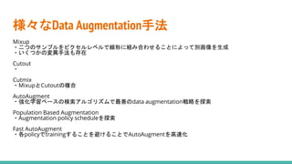 様々なData Augmentation手法
Mixup
・二つのサンプルをピクセルレベルで線形に組み合わせることによって別画像を生成
・いくつかの変異手法も存在
Cutout
・
Cutmix
・MixupとCutoutの複合
AutoAugment
・強化学習ベースの検索アルゴリズムで最善のdata augmentation戦略を探索
Population Based Augmentation
・Augmentation policy scheduleを探索
Fast AutoAugment
・各policyでtrainingすることを避けることでAutoAugmentを高速化
 