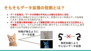 そもそもデータ拡張の役割とは？
● データ拡張は、データの特徴の平均化と分散の正則化に対応
● 影響が大きい特徴はできるだけ保存され、影響が小さい特徴はデータ拡張後
に大きく変更される可能性がある
● データ拡張は事前知識によって関数空間に何らかの制約を与える正則化とし
て機能しており、モデルが主要な特徴に集中することを可能にする (e.g. 数字
画像では水平反転などは使われない)
特徴が残るように
データ拡張
事前知識により
やらないデータ拡張
✕
 