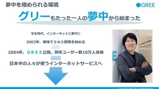 夢中を極められる環境
グリーもたった一人の夢中から始まった
学生時代、インターネットに夢中に
2003年、趣味でＳＮＳ開発を始める
2004年、ＧＲＥＥ公開。同年ユーザー数10万人突破
日本中の人々が使うインターネットサービスへ
 