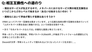 ・現在はサービスが乱立する中で、メタバースにおけるサービス間の相互互換性は
いつどこからどのレベルで始まるか（あるいは始まらないのか）？
・規格化において学会が果たす役割はありそうか？
VRMによってアバター互換性は高まっています。より広範な技術分野で互換性を高めていって
「人がメタバース間を自由に移動できる」という状態を目指すべき、
一方で「そのメタバースならでは」の個性も重要と考えています。
学会→カジュアルな勉強会、学術メタバース(WebXR...)や独自プラットフォームの運営なども
大事なことだと思います。
Discordが大学・学術コミュニティで使われるようになったイメージを大切に…。
Q:相互互換性への道のり
 