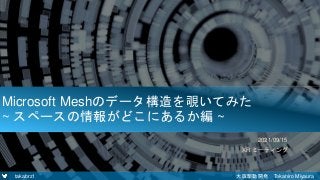 takabrz1 大阪駆動開発 Takahiro Miyaura
Microsoft Meshのデータ構造を覗いてみた
~ スペースの情報がどこにあるか編 ~
2021/09/15
XR ミーティング
 