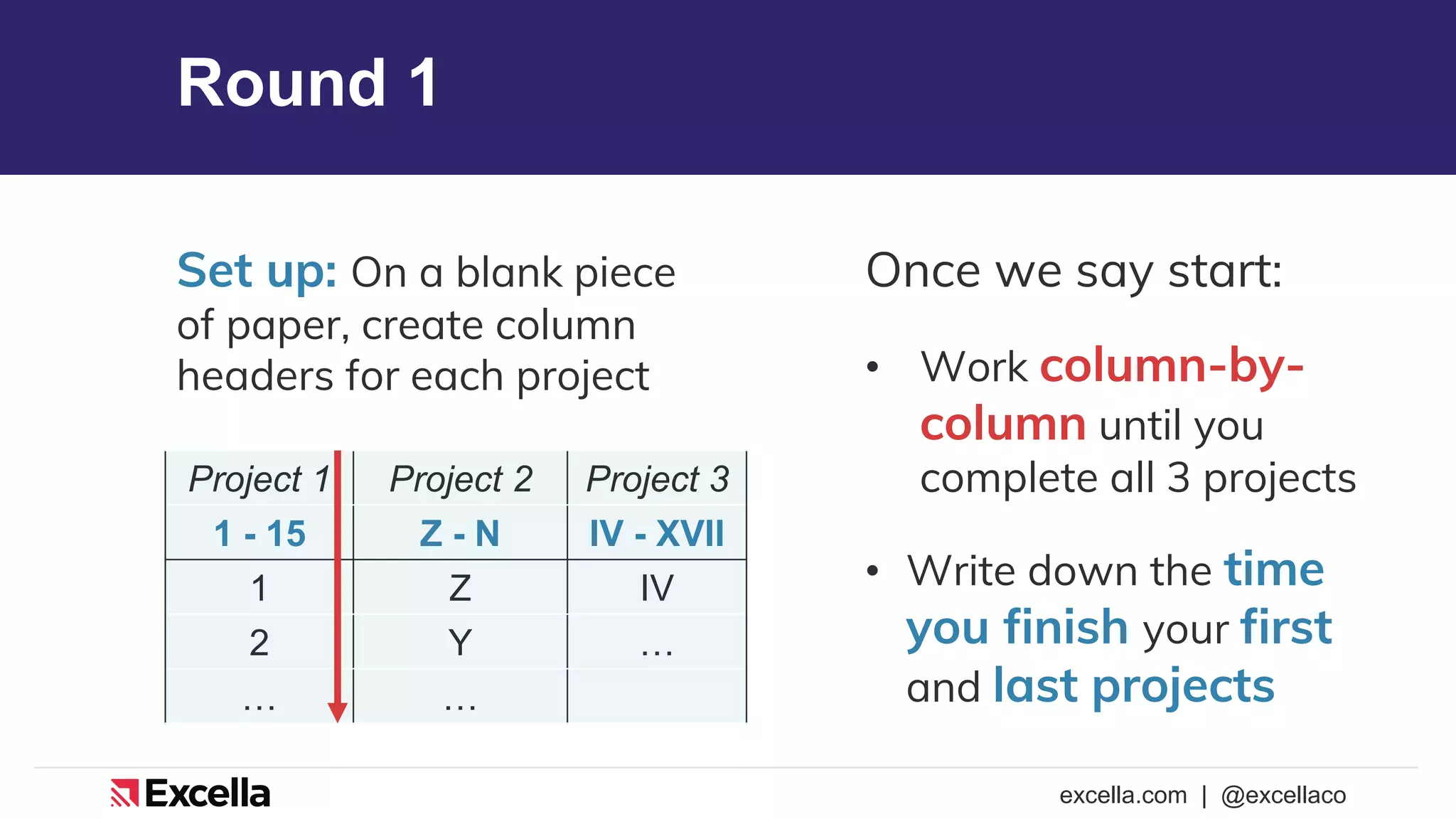excella.com | @excellaco
Round 1
Project 1 Project 2 Project 3
1 - 15 Z - N IV - XVII
1 Z IV
2 Y …
… …
Once we say start:
• Work column-by-
column until you
complete all 3 projects
• Write down the time
you finish your first
and last projects
Set up: On a blank piece
of paper, create column
headers for each project
 