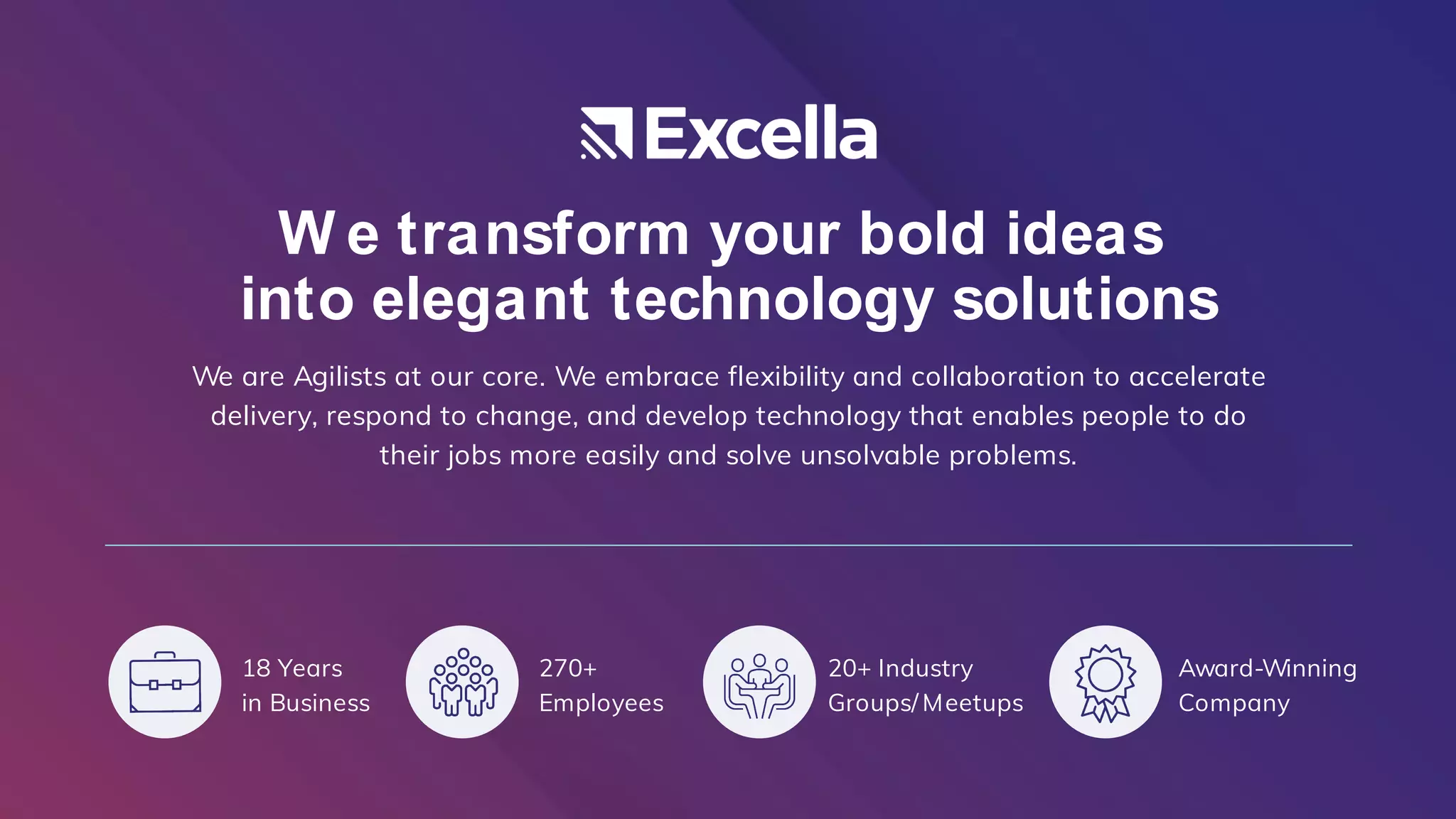 W e transform your bold ideas
into elegant technology solutions
We are Agilists at our core. We embrace flexibility and collaboration to accelerate
delivery, respond to change, and develop technology that enables people to do
their jobs more easily and solve unsolvable problems.
18 Years
in Business
270+
Employees
20+ Industry
Groups/ Meetups
Award-Winning
Company
 