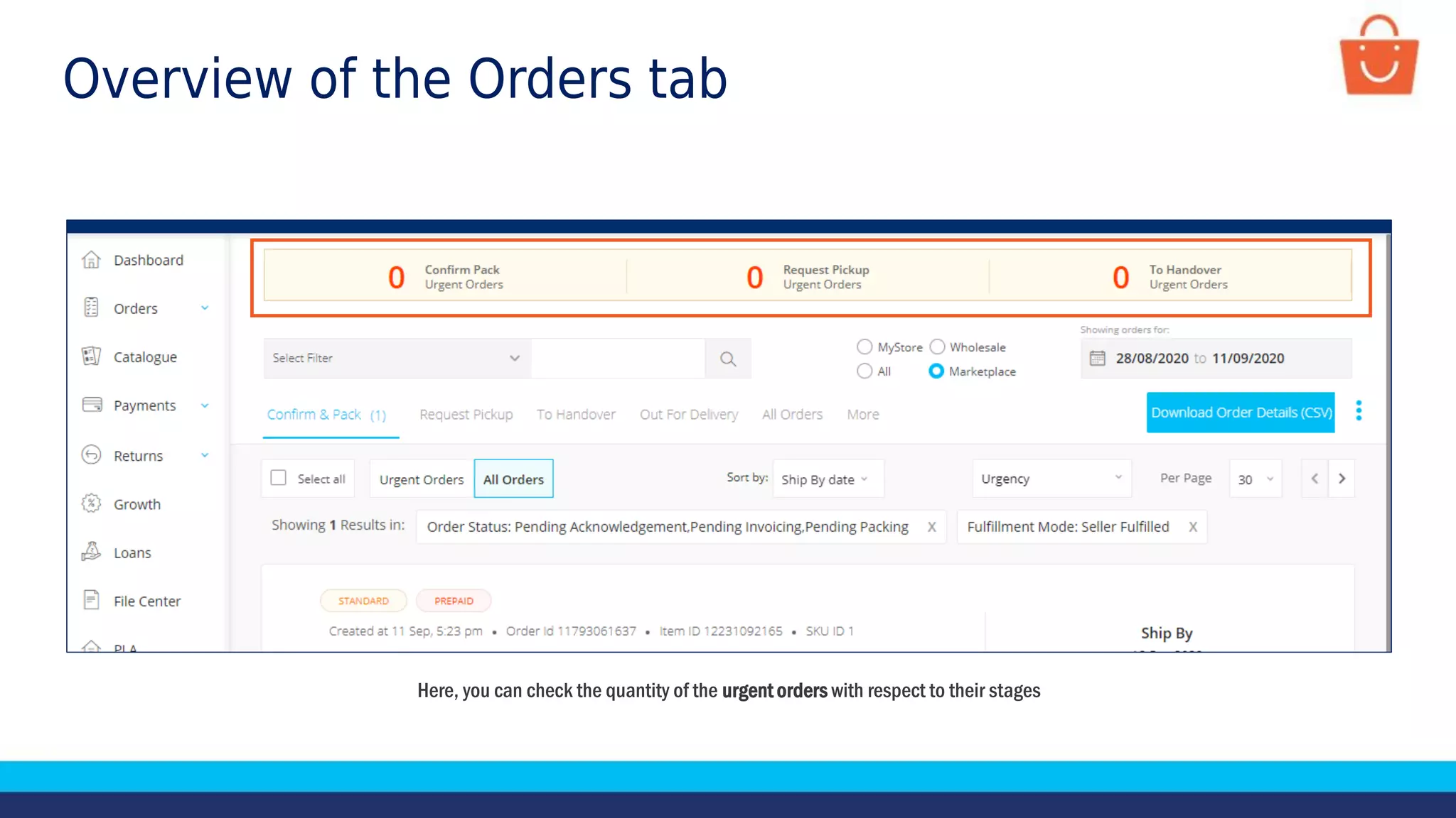 Overview of the Orders tab
Here, you can check the quantity of the urgent orders with respect to their stages
 