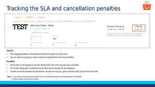 Tracking the SLA and cancellation penalties
Ship By:
• The shipping deadline is displayed on the Orders panel for each order.
• You are advised to get your order marked as shipped before the ship deadline
Penalties:
• If the order is not shipped as per the defined SLA, the order may get auto-cancelled
• 3% of the selling price is deducted as the SLA breach penalty for all categories
• In order to avoid customer dissatisfaction, we give one day as a grace period so that you can ship the order
Note- 1. The minimum penalty amount will be Rs.35 on both SLA breaches and Cancellations by the Seller
2. These charges are exclusive of taxes
Maximum Penalty of ₹ 41.30 will be levied for SLA Breach
Maximum Penalty of ₹ 41.30 will be levied on Cancellation
 