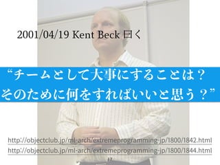 2001/04/19 Kent Beck 曰く
17
http://objectclub.jp/ml-arch/extremeprogramming-jp/1800/1842.html
http://objectclub.jp/ml-arch/extremeprogramming-jp/1800/1844.html
チームとして大事にすることは？
そのために何をすればいいと思う？
 