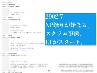 20 http://giantech.jp/pages/ikitema2/LTHistory.html
2002/7
XP祭りが始まる。
スクラム事例、
LTがスタート。
https://web.archive.org/web/20030405045406/http://
www.xpjug.org/event/20020708maturi/program.html
 