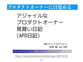 55
https://www.slideshare.net/kkd/apo-20071221lt
プロダクトオーナーに目覚める
 