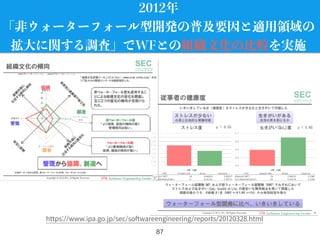 87
https://www.ipa.go.jp/sec/softwareengineering/reports/20120328.html
2012年
「非ウォーターフォール型開発の普及要因と適用領域の
拡大に関する調査」でWFとの組織文化の比較を実施
 