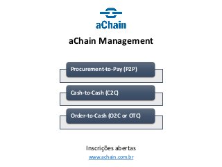 www.achain.com.br
aChain Management
Inscrições abertas
Procurement-to-Pay (P2P)
Cash-to-Cash (C2C)
Order-to-Cash (O2C or OTC)
 