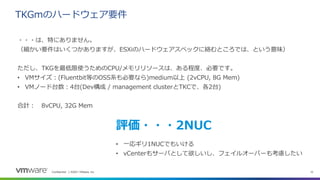 Confidential │ ©2021 VMware, Inc. 10
TKGmのハードウェア要件
・・・は、特にありません。
（細かい要件はいくつかありますが、ESXiのハードウェアスペックに絡むところでは、という意味）
ただし、TKGを最低限使うためのCPU/メモリリソースは、ある程度、必要です。
• VMサイズ：(Fluentbit等のOSS系も必要なら)medium以上 (2vCPU, 8G Mem)
• VMノード台数：4台(Dev構成 / management clusterとTKCで、各2台)
合計： 8vCPU, 32G Mem
評価・・・2NUC
• 一応ギリ1NUCでもいける
• vCenterもサーバとして欲しいし、フェイルオーバーも考慮したい
 