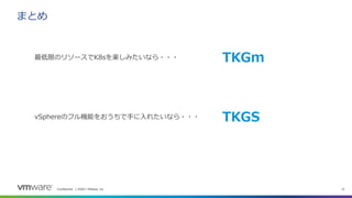 Confidential │ ©2021 VMware, Inc. 12
まとめ
最低限のリソースでK8sを楽しみたいなら・・・
vSphereのフル機能をおうちで手に入れたいなら・・・
TKGm
TKGS
 