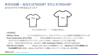 Confidential │ ©2021 VMware, Inc. 7
本日のお題 – あなたはTKGS派? それともTKGm派?
おうちクラウドで作るならどっち？
Tシャツのサイズ・・・ではありません
TKG TKG
S m
[用語解説]
VMware Tanzu ・・・ コンテナ/K8sを中心とした、モダンアプリケーションを実現する製品群のブランド名
Tanzu Kubernetes Grid (TKG) ・・・ VMware謹製のKubernetesディストリビューションであり、
マルチクラウドを実現するプラットフォームのことも指す。vSphereインフラにも導入可能。
さらに、TKGSと呼び分けるため、(非公式に) TKG multicloud (TKGm) と呼び分ける事もある。
TKG Service (TKGS) ・・・ vSphere with Tanzu の主要機能の一つで、vSphereインフラと密結合した
TKGを提供するサービス。vSphere PodやNSX-Tと連動したネットワークの払い出し等が特徴。
 