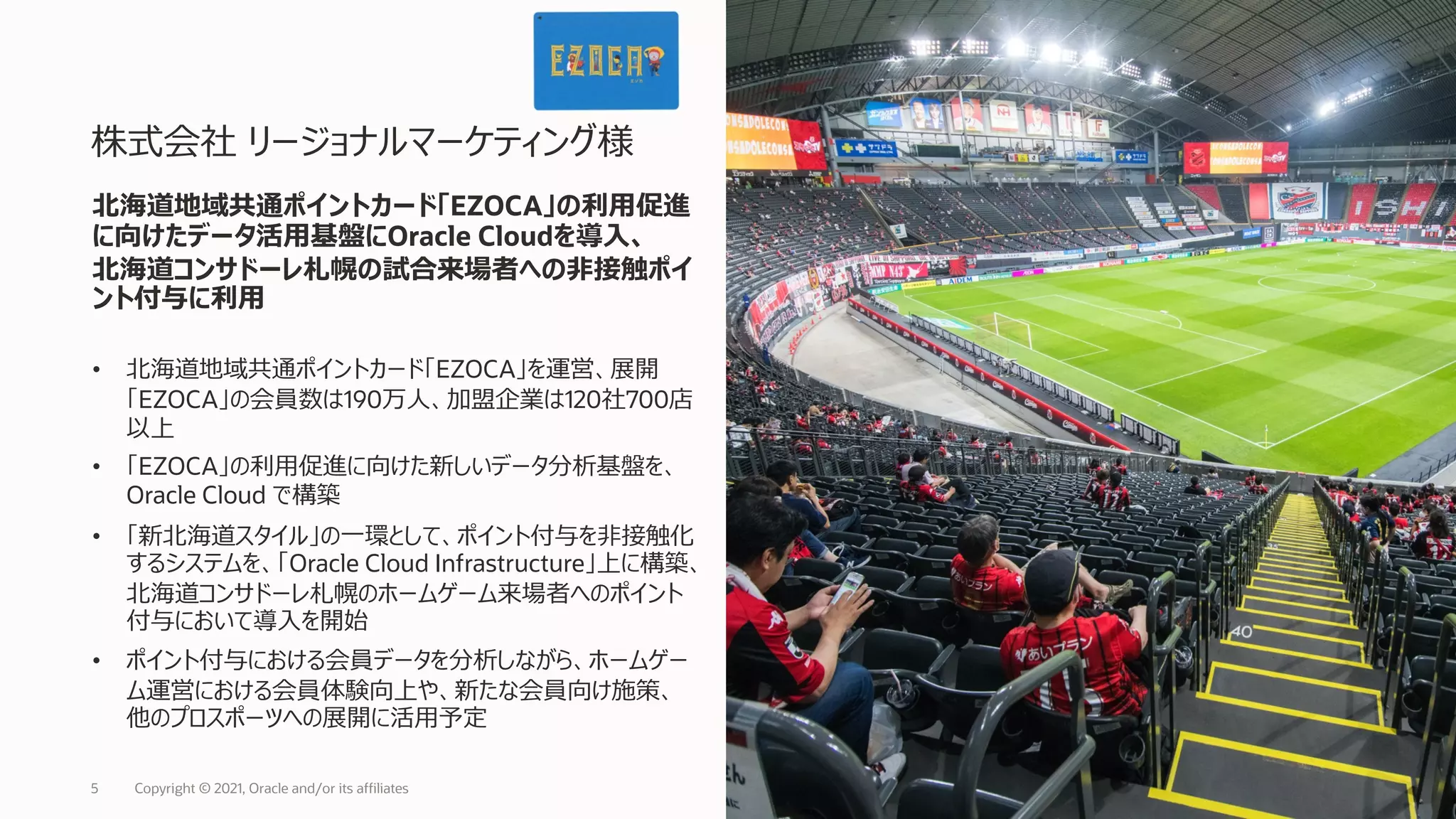 北海道地域共通ポイントカード「EZOCA」の利⽤促進
に向けたデータ活⽤基盤にOracle Cloudを導⼊、
北海道コンサドーレ札幌の試合来場者への⾮接触ポイ
ント付与に利⽤
• 北海道地域共通ポイントカード「EZOCA」を運営、展開
「EZOCA」の会員数は190万⼈、加盟企業は120社700店
以上
• 「EZOCA」の利⽤促進に向けた新しいデータ分析基盤を、
Oracle Cloud で構築
• 「新北海道スタイル」の⼀環として、ポイント付与を⾮接触化
するシステムを、「Oracle Cloud Infrastructure」上に構築、
北海道コンサドーレ札幌のホームゲーム来場者へのポイント
付与において導⼊を開始
• ポイント付与における会員データを分析しながら、ホームゲー
ム運営における会員体験向上や、新たな会員向け施策、
他のプロスポーツへの展開に活⽤予定
株式会社 リージョナルマーケティング様
Copyright © 2021, Oracle and/or its affiliates
5
 