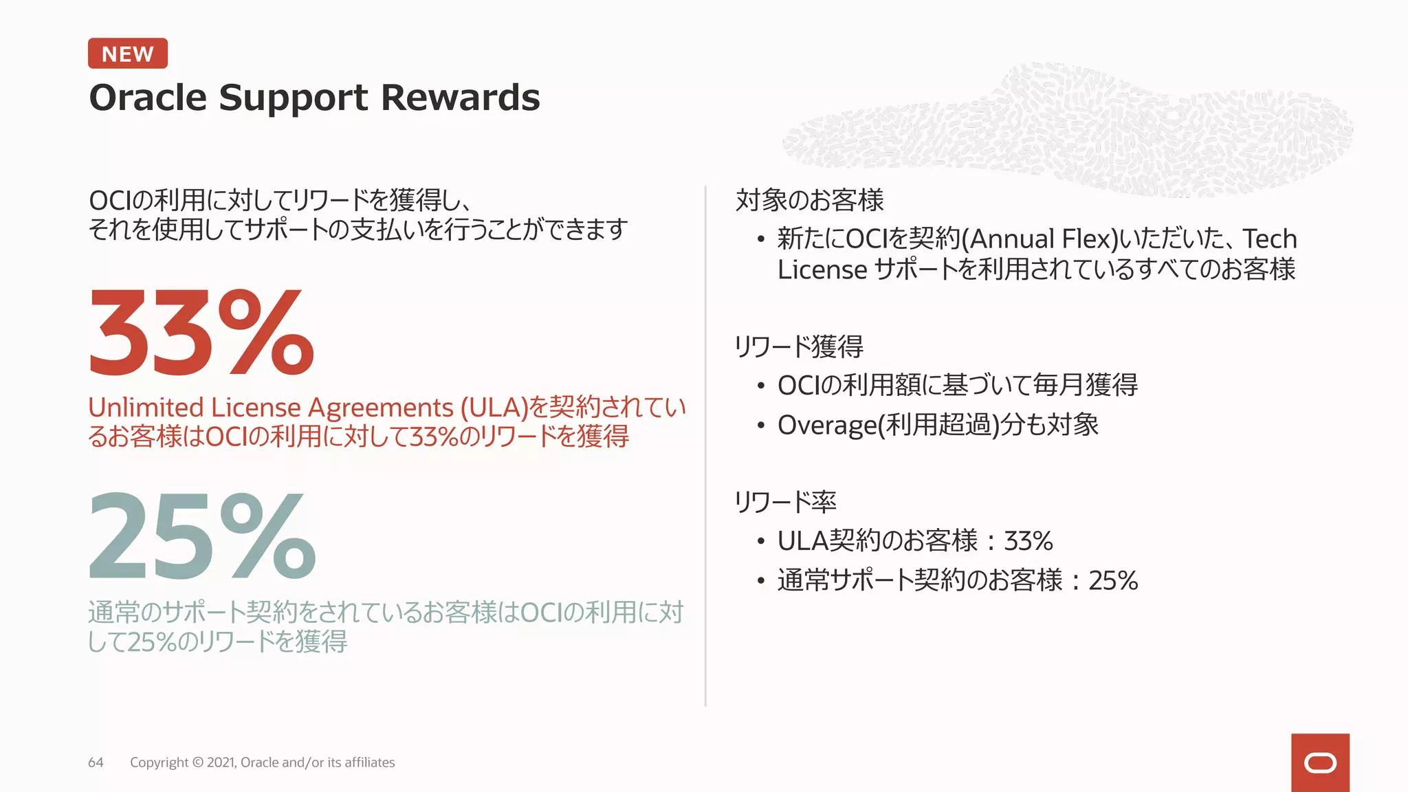 OCIの利⽤に対してリワードを獲得し、
それを使⽤してサポートの⽀払いを⾏うことができます
対象のお客様
• 新たにOCIを契約(Annual Flex)いただいた、Tech
License サポートを利⽤されているすべてのお客様
リワード獲得
• OCIの利⽤額に基づいて毎⽉獲得
• Overage(利⽤超過)分も対象
リワード率
• ULA契約のお客様︓33%
• 通常サポート契約のお客様︓25%
Oracle Support Rewards
通常のサポート契約をされているお客様はOCIの利⽤に対
して25%のリワードを獲得
25%
Unlimited License Agreements (ULA)を契約されてい
るお客様はOCIの利⽤に対して33%のリワードを獲得
33%
Copyright © 2021, Oracle and/or its affiliates
64
NEW
 