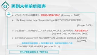 03 両側末梢前庭障害
 VEMPはBVPの診断基準外、症例毎の結果に差あり (Rosengren 2018)
 IBV Progressive type/Sequential type双方でVEMPの反応率に差なし
(Zingler 2008)
 アミノ配糖体による障害・メニエール病ではカロリック異常・VEMP異常に大きな差がない
(Agrawal 2013)(Chiarovano 2011)
 Cerebellar ataxia with neuropathy and vestibular areflexia syndrome
（CANVAS）
両側前庭機能障害、小脳性運動失調、感覚神経障害の三徴
23%の症例で気導cVEMP異常 (Kirchner 2011)
VEMP異常は症例によって差がある
 