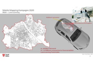 Mobile Mapping Kampagne 2020
4
Bilder + Laserscanning
Immersive Camera 30 MPx
Panoramakamera 250 Megapixel
Multibeam Laserscanner
Source: City of Vienna – MA41
ca. 4600km Netzwerk
ca. 1,6 Millionen anonymisierte Panoramabilder
Laserscanning Punktwolke
Source: Cyclomedia
 