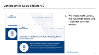14
14
Von Industrie 4.0 zu Bildung 4.0
2. Wir wissen nicht (genau),
wie zukünftige Berufe und
Tätigkeiten aussehen
werden.
Job-Futuromat
 