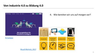 16
16
Von Industrie 4.0 zu Bildung 4.0
KI-Campus
4. Wie bereiten wir uns auf morgen vor?
Muuß-Merholz, 2017
 