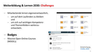 30
30
Weiterbildung & Lernen 2030: Challenges
− Mitarbeitende lernen eigenverantwortlich,
− um auf dem Laufenden zu bleiben
und
− um sich auf wichtigen Kompetenz-
und Themenfeldern weiterzu-
entwickeln.
− Badges
− Massive Open Online Courses
(MOOCs)
Ernst & Young,
Credly, 2020
 