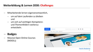 32
32
Weiterbildung & Lernen 2030: Challenges
Haufe Akademie
− Mitarbeitende lernen eigenverantwortlich,
− um auf dem Laufenden zu bleiben
und
− um sich auf wichtigen Kompetenz-
und Themenfeldern weiterzu-
entwickeln.
− Badges
− Massive Open Online Courses
(MOOCs)
 