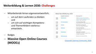 33
33
Weiterbildung & Lernen 2030: Challenges
Corporate Learning Community, 2020
− Mitarbeitende lernen eigenverantwortlich,
− um auf dem Laufenden zu bleiben
und
− um sich auf wichtigen Kompetenz-
und Themenfeldern weiterzu-
entwickeln.
− Badges
− Massive Open Online Courses
(MOOCs)
 